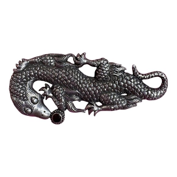 Vintage Sterling Silver Dragon Brooch Pin Detailed & Red Stone Eye Estate Find - Picture 1 of 4